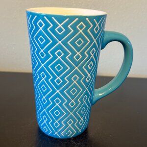 Tall Teal Blue Ceramic Travel Mug with White Geometric Impressed Pattern